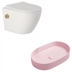 Set vas wc alb rimless suspendat cu functie de bideu, baterie auriu mat si capac soft close, Foglia Oslo plus lavoar roz mat oval, Foglia