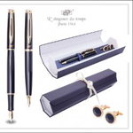 Set pix si stilou negru fildes + BUTON cu PIATRA NEGRU CRISTAL , accessorii auri, carcasa albastru navy cu interior alb, DPC-16-4670