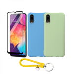 Set protectie 3 in 1 pentru Samsung Galaxy A01 cu 2 huse din silicon moale antisoc folie sticla ceramica fullsize si breloc cadou albastru-verde, KRASSUS