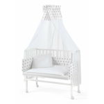 Patut pentru copii, Waldin, 2in1, 90 cm x 55 cm, lemn de fag, vopsea certificata, roti blocabile, laterala detasabila, co-sleeping, Saltea inclusa, Aparatoare laterala din bumbac, Baldachin cu Suport Metalic, Equipment, Alb,, WALDIN