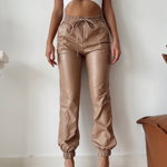 Pantaloni Jezebel, din piele ecologica, cu talie inalta si snur, Bej, FashionForYou