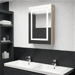 Dulap de baie cu oglinda si LED, alb si stejar, 50x13x70 cm