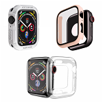 Set 3 huse pentru Apple Watch de 41mm tip rama din sticla securizata tip rama din silicon moale elecroplacat tip bumper din silicon roz alb transparent, krasscom