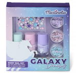 Set unghii false copii, MARTINELIA GALAXY DREAMS SHINY NAIL SET, cosmetice copii, pentru fetite, 3 lacuri de unghii solubile in apa, 3 cutii cu sclipici decorative, 1 folie autocolanta cu stickere, Martinelia