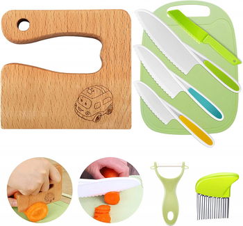 Set de 8 ustensile de bucatarie pentru copii Goodchef, lemn/plastic/metal, multicolor