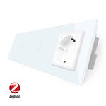 Intrerupator LIVOLO simplu ZigBee cu touch si 2 prize din sticla ZigBee, Control de pe telefon, Negru, VL-C701Z/C7-C2EUZ-12