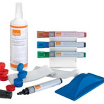 Kit pentru tabla NOBO emailata, suport magnetic cu 4 markere, burete magnetic + 5 rezerve, spray curatare 125 ml, cu laveta, 10 magneti, Nobo