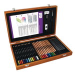 Set complet pentru schite si desen DERWENT Academy, cutie din lemn, creioane colorate, acuarela si g