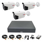 Sistem Supraveghere video, 3 camere exterior 2 MP, IR 40m, DVR 4 canale, accesorii full, HDD 500 GB, Rovision
