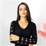 Bluza casual Darina, model decupat cu perle artizanale, Negru, Marime S/M, FashionForYou