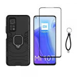 Set protectie 2 in 1 pentru Xiaomi MI 10T 5G / Mi 10T Pro 5G cu husa hybrid antisoc cu stand inel si folie sticla ceramica fullsize si breloc cadou negru, krasscom