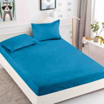 Husa de pat cu elastic din Bumbac Finet + 2 Fete de Perna - Albastru Cu Model, JOJO HOME