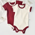 Set 2 body-uri Ribana bebe unisex, bumbac organic si 5% elastan, crem/bordo, Baby Cosy, marime 18-24 luni