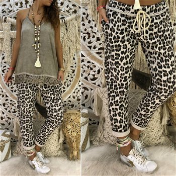 Pantaloni pentru femei, cu imprimeu leopard ?i elastic in talie, Neer