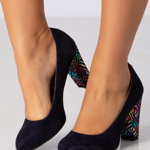 Pantofi bleumarin cu imprimeu lucios multicolor pe toc