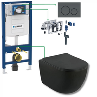 Set vas wc rimless suspendat negru mat Fluminia cu rezervor incastrat, modul DuoFresh si clapeta neagra Geberit, Fluminia x Geberit