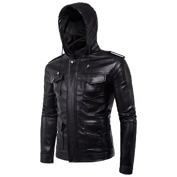 Jacheta de motociclist pentru barbati, din piele ecologica, jacheta cu gluga deta?abila, model creativ, haina potrivita pentru sezonul de iarna, Neer