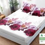 Husa de pat cu elastic 180x200 din Bumbac Finet + 2 Fete de Perna - Alb Cu Trandafiri Roz, 