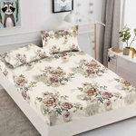 Husa de pat cu elastic din Bumbac Finet + 2 Fete de Perna - Bej Floral, JOJO HOME