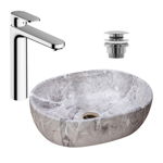 Pachet lavoar pe blat Rea Lara Stone gri 48.5 cm, baterie lavoar Hansgrohe Vernis Blend crom si ventil lavoar Click-Clack crom