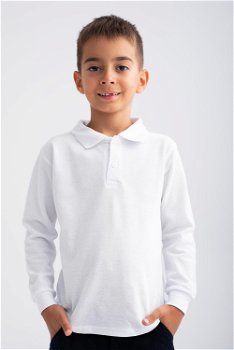 Bluza polo baieti din bumbac alb cu maneca lunga si mansete 6 ani (111-116 cm), 