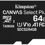 MicroSD Kingston, 64GB, Select Plus, Clasa 10 UHS-I Performance, R: 100 MB/s, Kingston