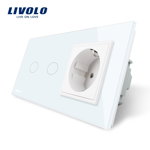 Intrerupator dublu cu touch + priza simpla Livolo VL-C702-11/C7-C1EU-11, rama din sticla, incastrat, alb