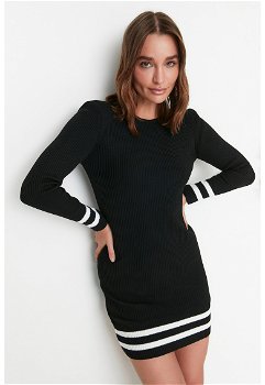 Trendyol, Rochie-pulover mini cu striatii, Alb/Maro inchis
