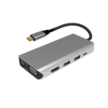 Adaptor multiport PNI MP10 USB-C la HDMI VGA 3 x USB 3.0 SD/TF RJ45 audio 3.5 USB-C PD 10 iesiri