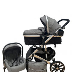 Carucior 3 in 1 L-Sun, reversibil, cu suspensii, cu scoica, geanta, parte sport transformabila in landou, T4 gri/negru