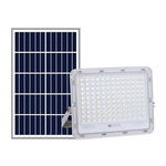 Proiector LED cu Panou Solar, Senzor de lumina Waterproof, 100W, 23x18 cm, suport U inclus, panou afisaj nivel baterie, telecomanda, 220V, Design Modern, Alb