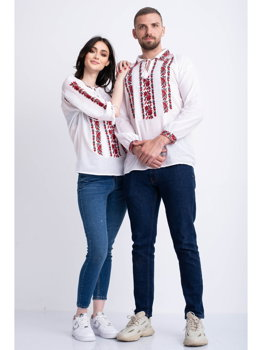 Set bluze traditionale cu broderie inflorata rosie pentru cuplu