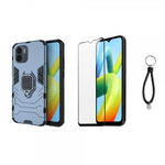 Set protectie 2 in 1 pentru Xiaomi Redmi A2 (4G) cu husa hybrid antisoc cu stand inel si folie sticla ceramica fullsize si breloc cadou dark blue, krasscom