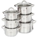 Set De Oale Din Inox Bohmann, 12 Piese, Otel Inoxidabil, 7 Straturi, Baza Incapsulata, Margini Curbate, Capace Din Sticla Cu Orificiu Pentru Eliberarea Aburului, Design Modern, Argintiu, Bohmann