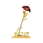 Trandafir rosu suflat cu aur, din plastic cu baza-suport text „Love”, cutie eleganta, OEM