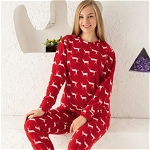 Pijama FEMEI polar, din doua piese, Material 100% micro, Lux,  505 rosu cu reni si tematica de craciun