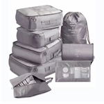 Set 8 huse organizare bagaj Ordre, material poliester, impermeabil, cu fermoar, pentru calatorii sau dulap, sac pentru pantofi inclus, pliabil, gri