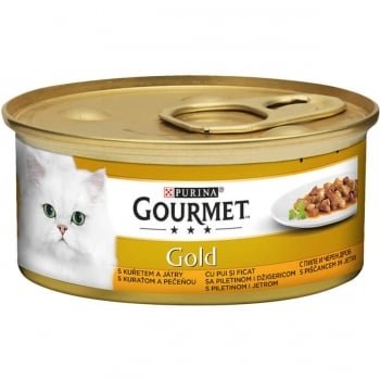 PURINA Gourmet Gold, Pui și Ficat, conservă hrană umedă pisici, (bucăti în sos), 85g, Gourmet