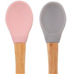 Set 2 Lingurite Minikoioi, Varf din Silicon si Maner din Bambus – Pinky Pink / Powder Grey