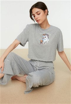 Trendyol, Pijama cu tricou crop, Negru