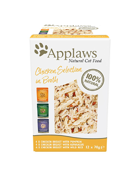 APPLAWS Chicken Selection Multipack, 3 arome (Pui și Dovleac, Pui și Asparagus, Pui și Orez), pachet mixt, plic hrană umedă pisici, 70g x 12, Applaws
