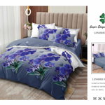Lenjerie de pat din finet Pucioasa, 6 piese, model cu flori albastre, 
