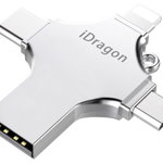 Stick USB-C 128GB iUni iDragon 4 in 1 Lightning, MicroUSB, Type-C, USB 3.0 Smartphone iOS si Android