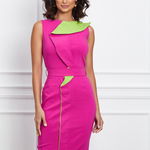 Rochie Rahela fucsia cu volan verde lime si cordon in talie, 