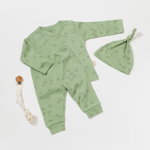 Set 3 piese:bluza, pantaloni si caciulita Printed, BabyCosy, 50% modal+50% bumbac, Verde (Marime: 12-18 Luni), BabyCosy