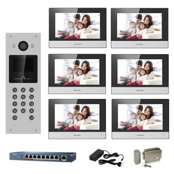 Kit complet videointerfon IP Hikvision pentru 6 apartamente cu tastatura numerica, Hikvision