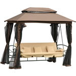 Leagan balansoar cu perne Outsunny, 3 locuri, Convertibil in sezlong cu foisor,Plasa de tantari, 257x175x240cm, Bej