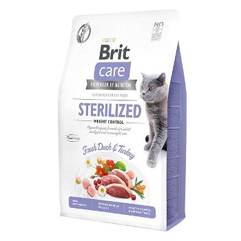 Brit Care Sterilized Weight Control, Rață și Curcan, hrană uscată fară cereale pisici sterilizate, managementul greutății, 2kg, Brit Care