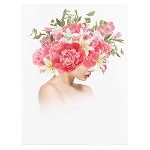 Tablou modern femeie profil cu bujori si crini flori pe cap, roz 1350 - Material produs:: Poster pe hartie FARA RAMA, Dimensiunea:: 80x120 cm, 