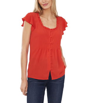 Imbracaminte Femei CeCe Pin Tuck Ruffled Button Front Blouse Poppy Red, CeCe